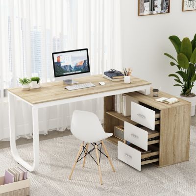 55.1 in. L-Shaped Brown Wood Computer Desk Writing Desk Office Executive Desk W/Removable Tabletop, Shelves, 3-Drawers
