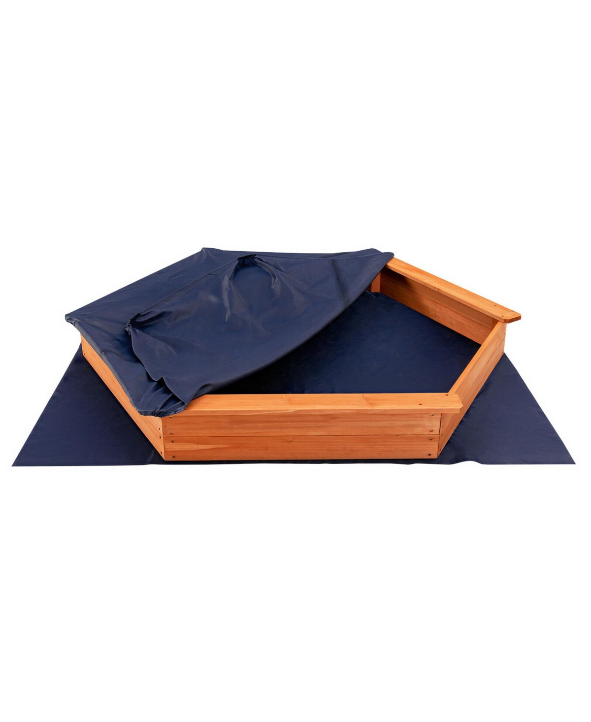 Costway Hexagon Wooden Cedar Sand Box w Seat Boards & Cover & Ground Liner
