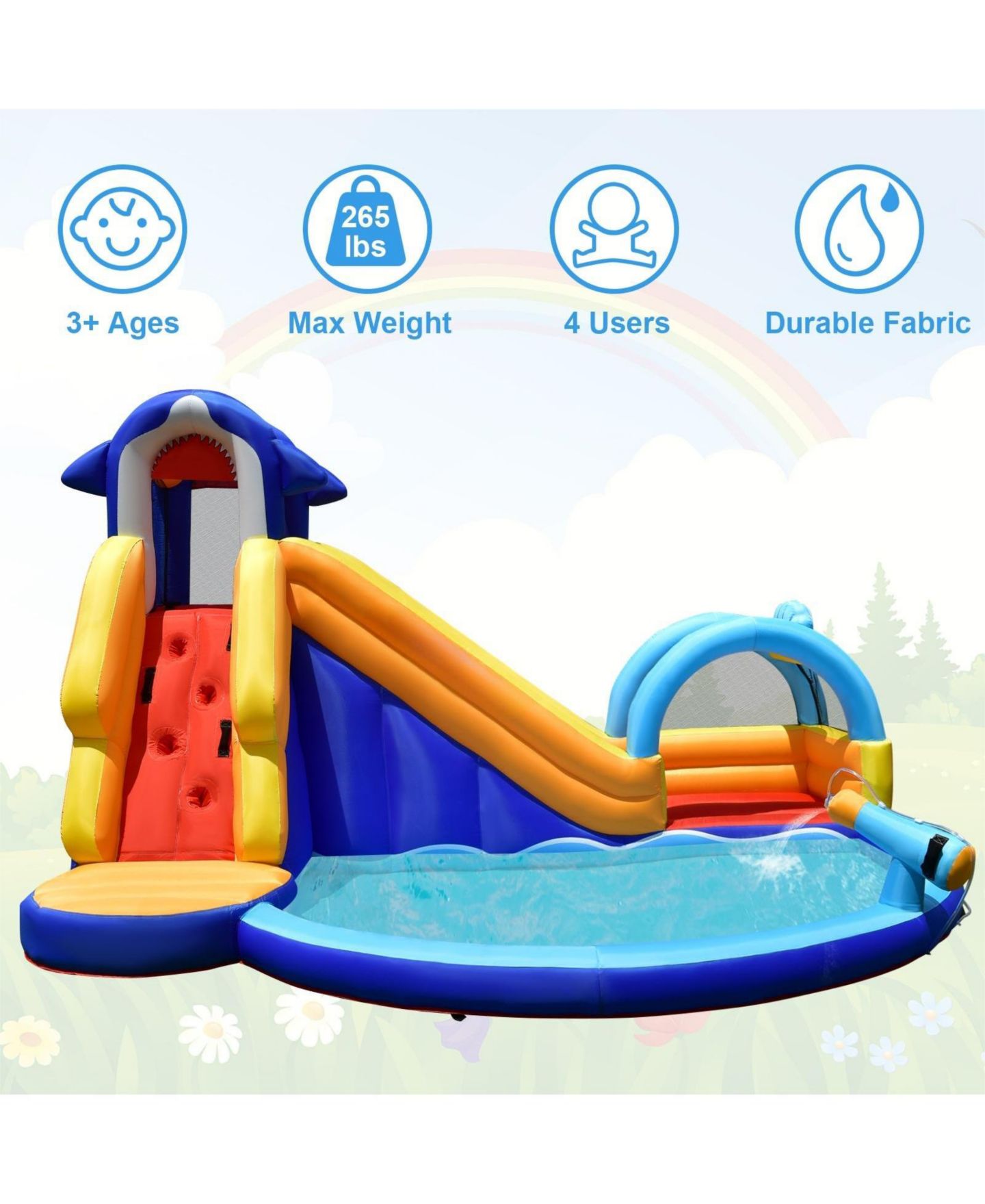 Детская игрушка INOLAIT Shark-Themed Inflatable Bounce House with Splash Pool, 14'L x 10'W x 8.5'H, for Up to 4 Kids, Ages 3-10 — фото 10