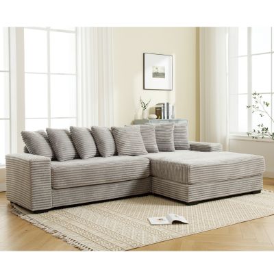 Cozy Grey Corduroy L-Shaped Sofa with Chaise, Armrests, and Pillows