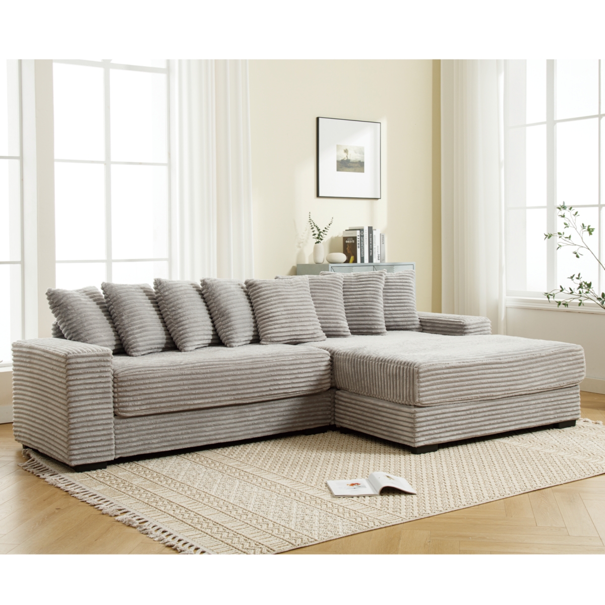 Streamdale Furniture Cozy Grey Corduroy L-Shaped Sofa with Chaise, Armrests, and Pillows