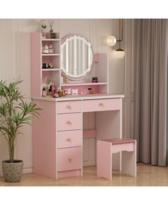 Light Mirror 5-Drawers White  Makeup Vanity Set Dressing Desk