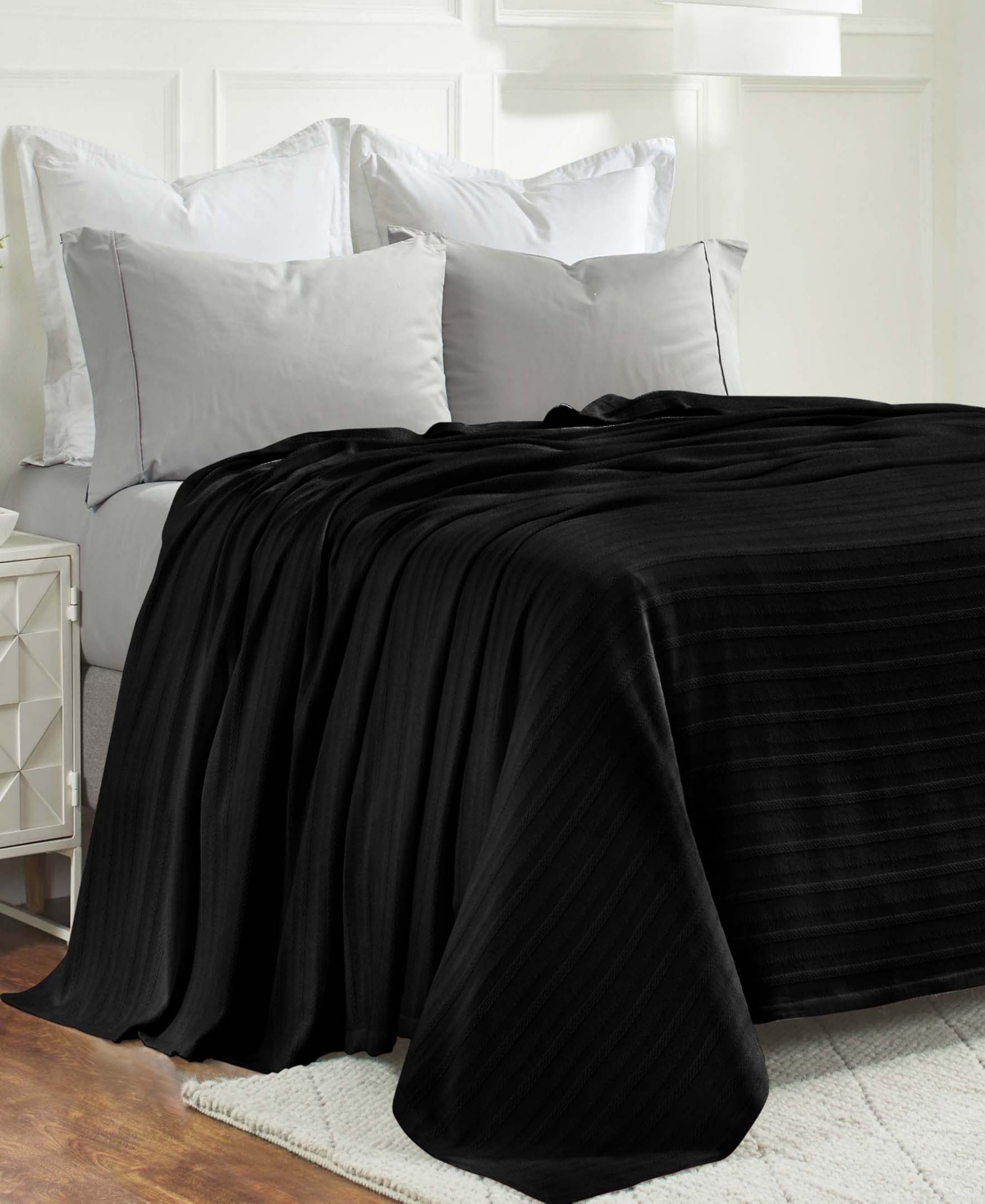 Superior Clara Cotton Textured Striped Lightweight Woven Blanket, California King In Black