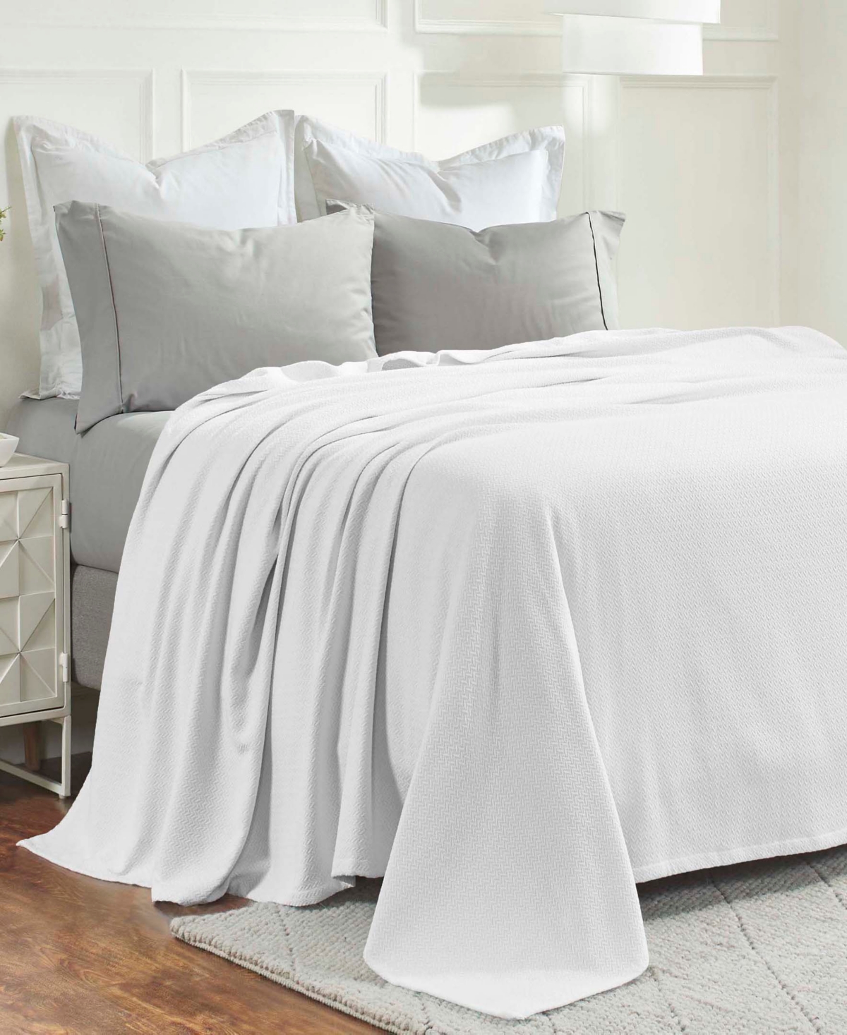 Superior Nobel Cotton Jacquard Dobby Weave Textured Chevron Lightweight Woven Blanket, Full/queen In White