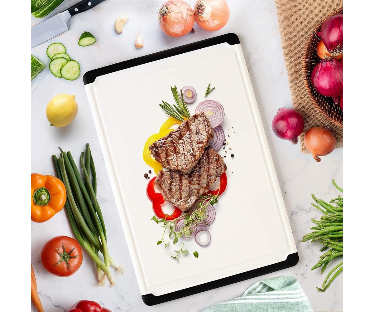 Belwares Cutting Board - Plastic Cutting Boards for Kitchen, 18 x 12 Inch with Rubber Edges, Juice Grooves, Non-Slip, Dishwasher Safe - Thick, D