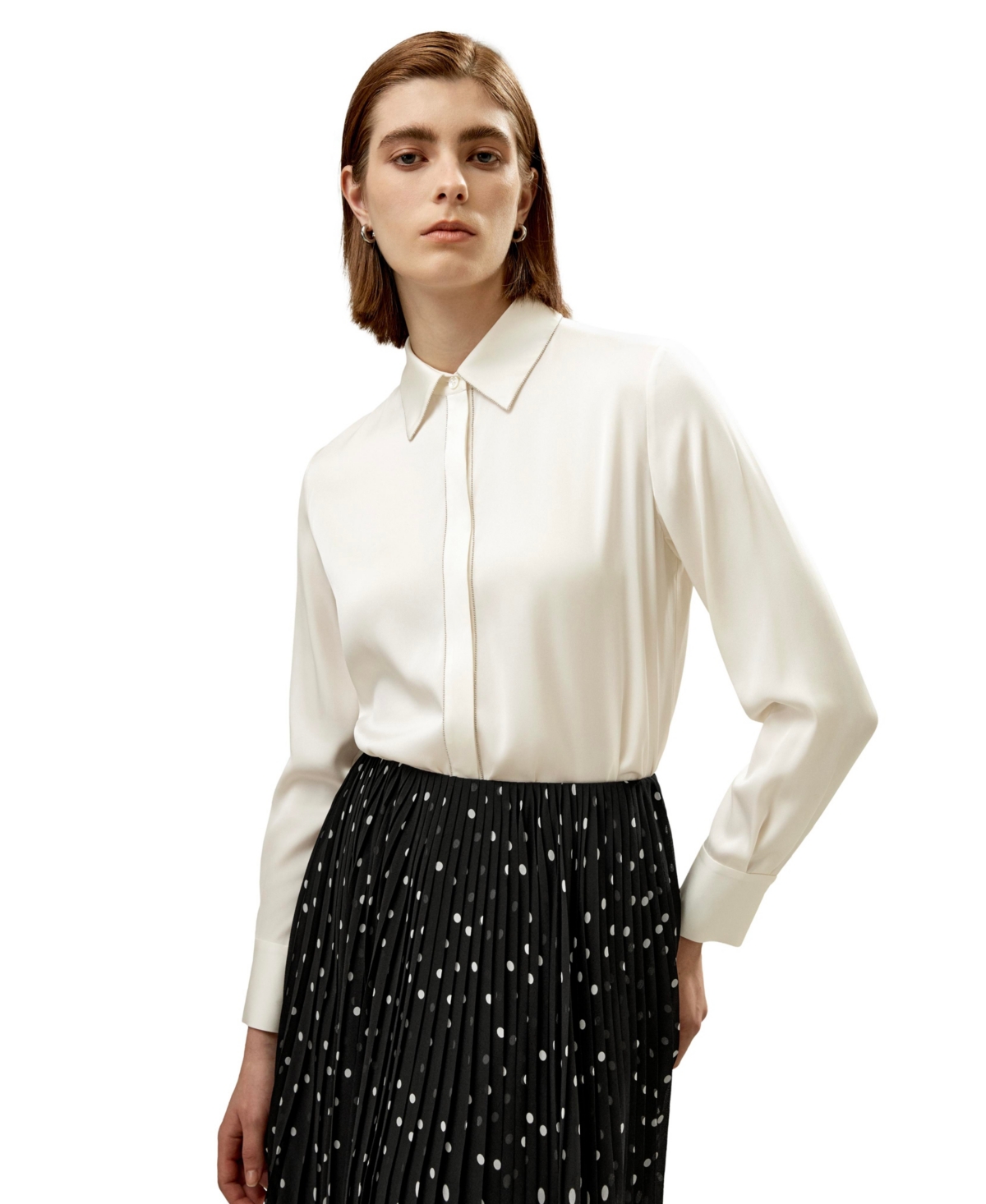 Beaded Chain Silk Shirt for Women - Pearl white
