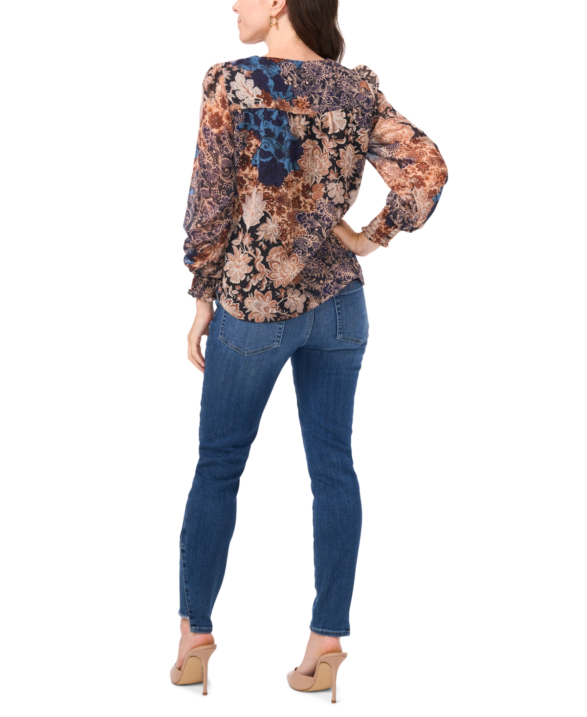 Sam & Jess Petite V-Neck Smocked-Trim Long-Sleeve Top -Grey