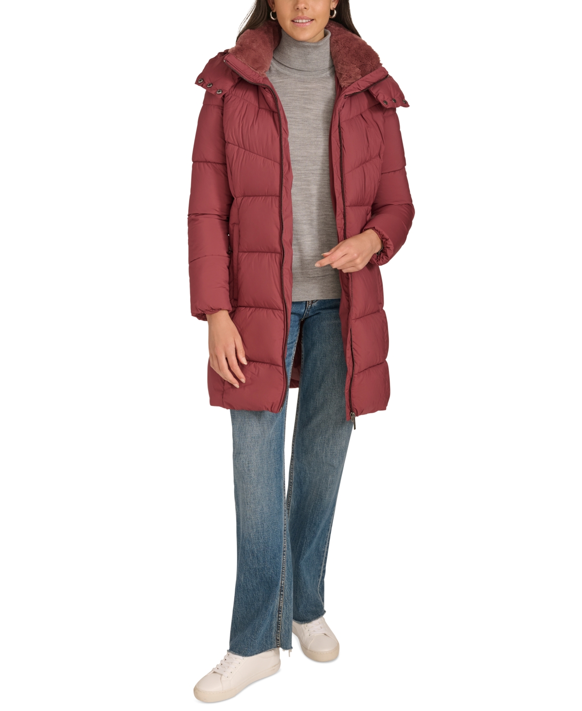 Calvin Klein Women's Hooded Faux-fur-lined Midi Puffer Coat In Sonoma