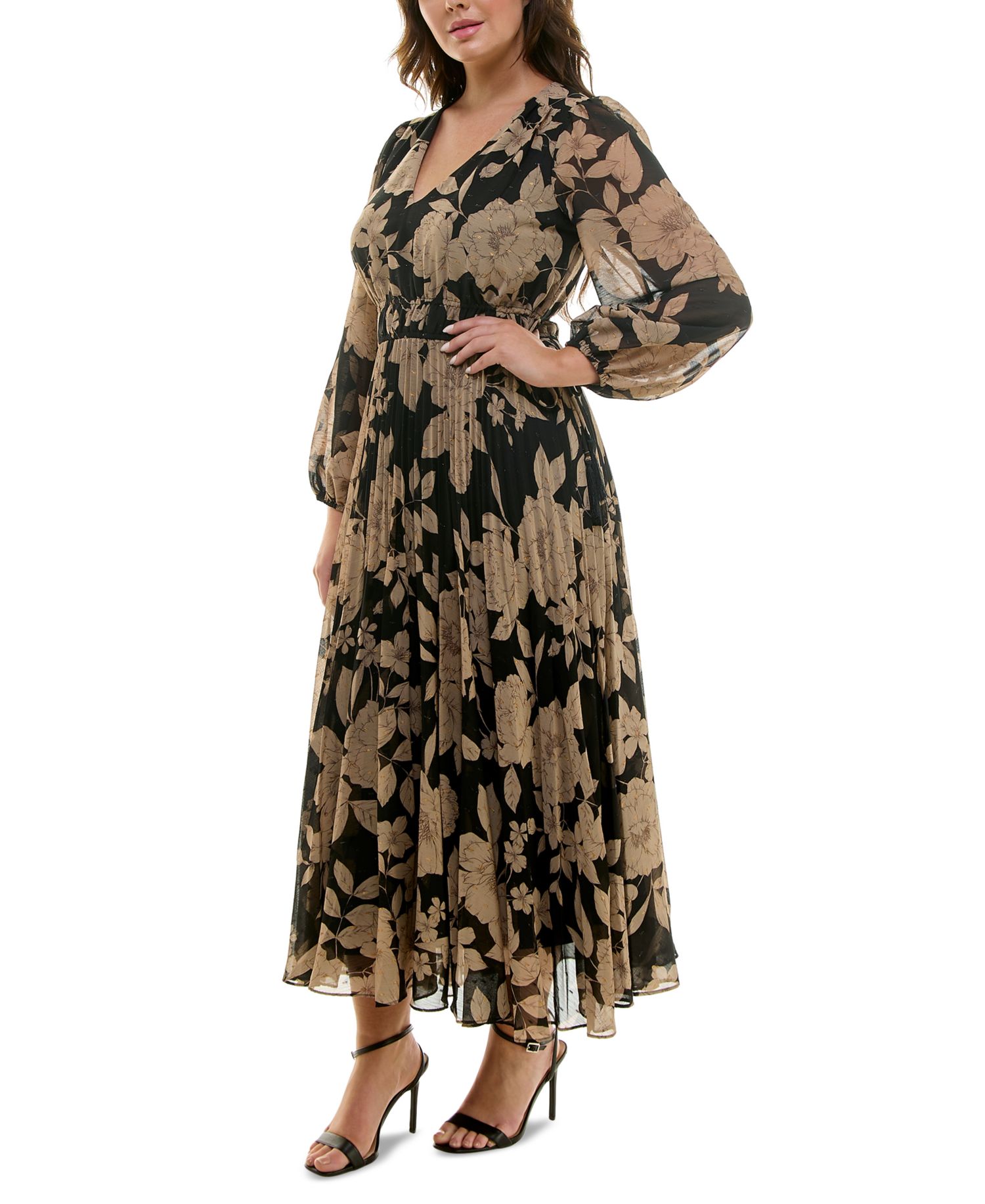 Plus Floral Chiffon V-Neck Pleated Dress