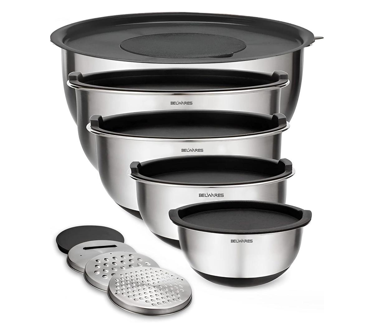 Belwares Mixing Bowls with Lids - Nesting Bowls with Airtight Lids + Graters - Stainless Steel Non-Slip Mixing Bowl for Baking