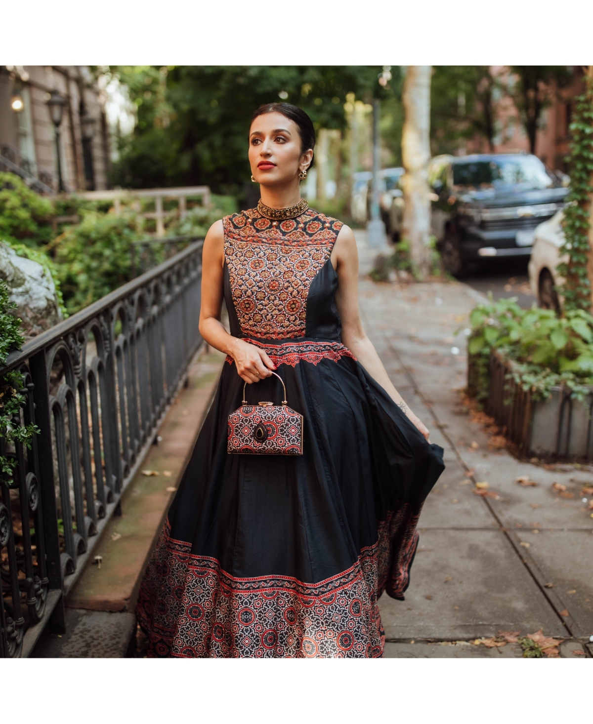 Raas Women's Black Gown with Ajrakh Print and Hand Embroidered Torso