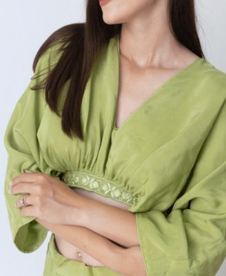 Women's Green Silk Co-Ord Set with Flowing Skirt with Slit and Crop Top with Dolman Sleeves