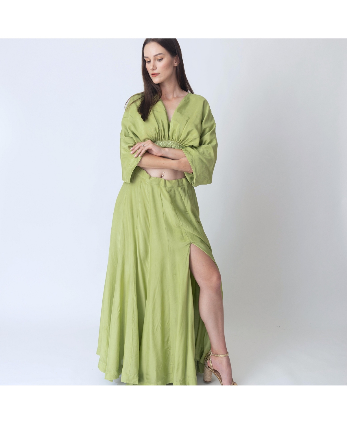 Raas Women's Green Silk Co-Ord Set with Flowing Skirt Slit and Crop Top Dolman Sleeves