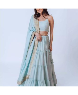 Women's Shimmer Sky Blue Tiered Skirt with Blouse and Dupatta