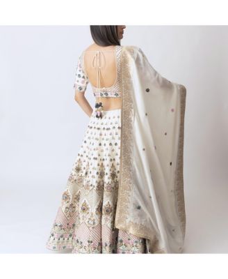 Women's Hand Embroidered White Raw Silk Lehenga Choli
