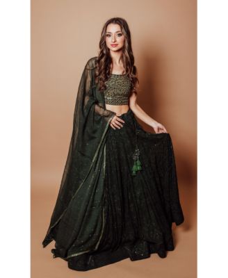 Women's Green Lehenga with Chikankari Embroidery and Hand Embroidered Blouse with Mirror Work