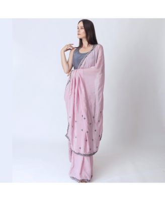 Women's Pink Pre-Draped Soft Silk Saree with Cutdana and Resham Embroidery