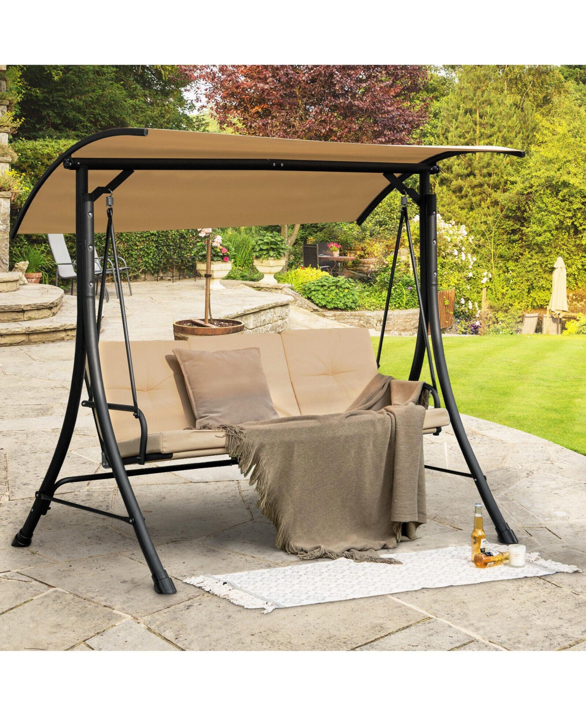 Sugift 3-Seat Outdoor Porch Swing with Adjustable Canopy and Padded Cushions