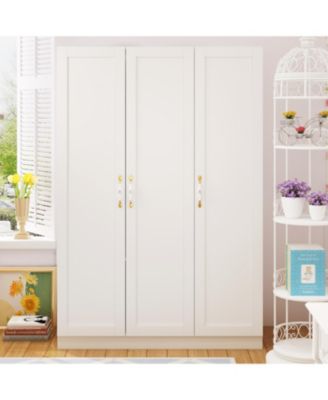 White 3-Doors Armoires Wardrobe with Hanging Rod and Storage Cubes