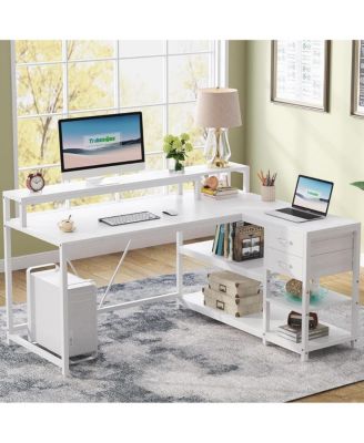 55-inches Reversible L Shaped Desk with Drawer, Modern White L Corner Desk Home Office Table, Wooden and Metal PC Desk