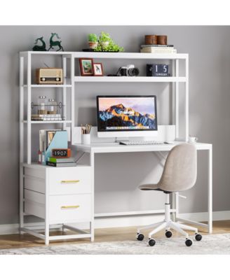55 Inch Computer Desk with 2 Drawers and Storage Shelves, Rustic Office Desk with Hutch, Study Writing Gaming Table Laptop Workstation