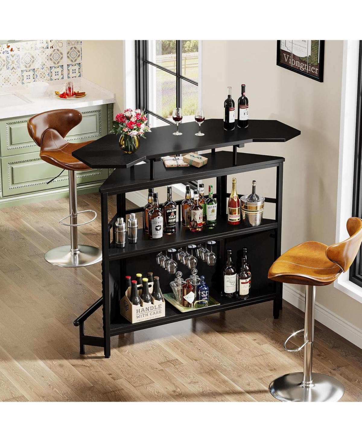 Tribesigns Home Bar Unit 4 Tier Liquor Bar Table with Wine Glass Holder and Storage Shelves, Mini Wine Bar Cabinet with Foot Rail for Home/Kitchen/Bar