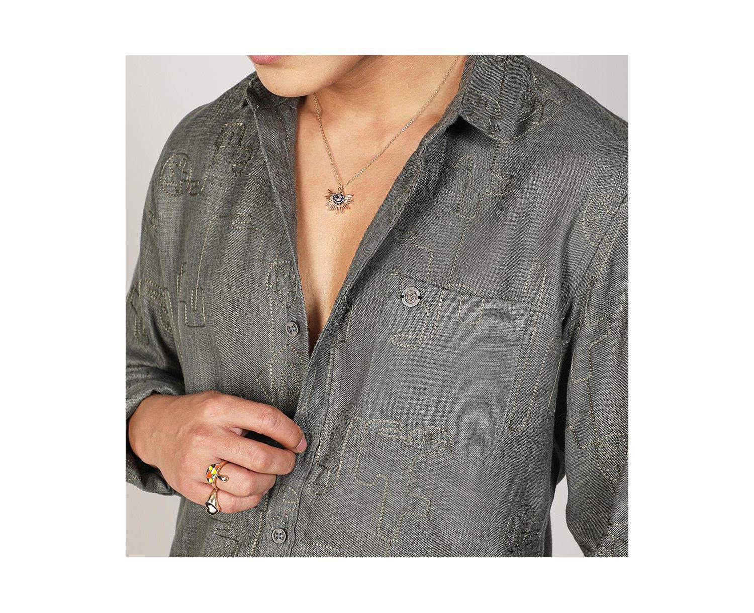 Men's Olive Green Embroidered One-Lined Shirt