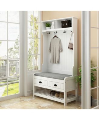 68.5 in. White Wood 3-in-1 Hall Tree Coat Rack Storage Bench with 4-Metal Double Hooks and 2-Drawers, Shelves