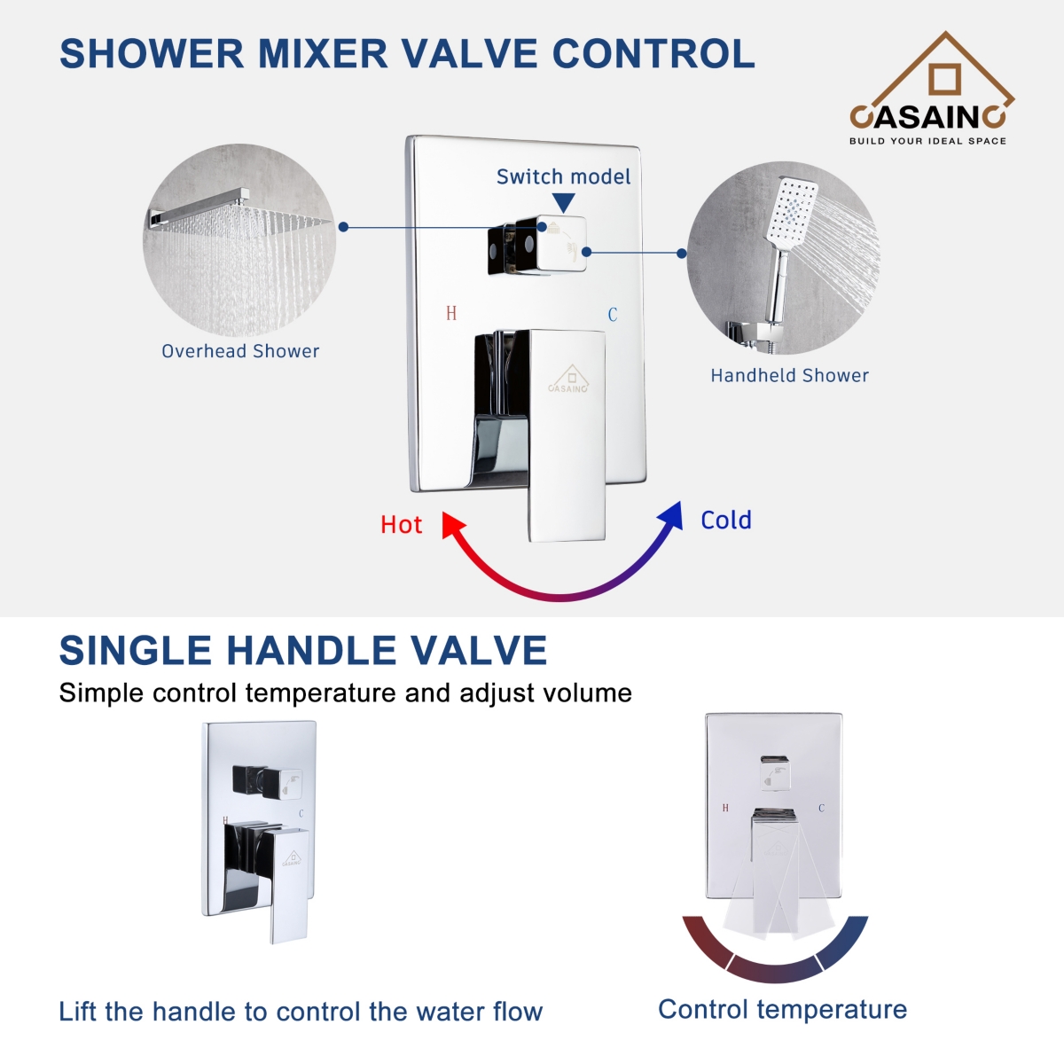 Casainc Inch Wall Mounted Square Rain Shower Head Set with Anti-scald Valve
