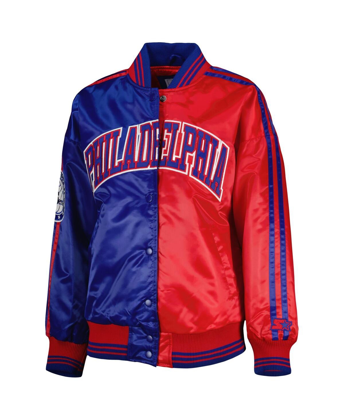 STARTER WOMEN'S ROYAL/RED PHILADELPHIA 76ERS SPLIT COLORBLOCK SATIN FULL-SNAP VARSITY JACKET 