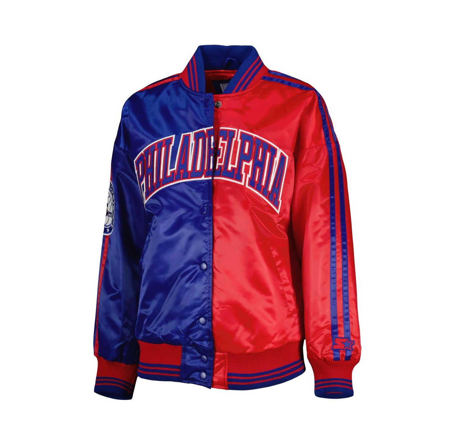 Women's Royal/Red Philadelphia 76ers Split Colorblock Satin Full-Snap Varsity Jacket