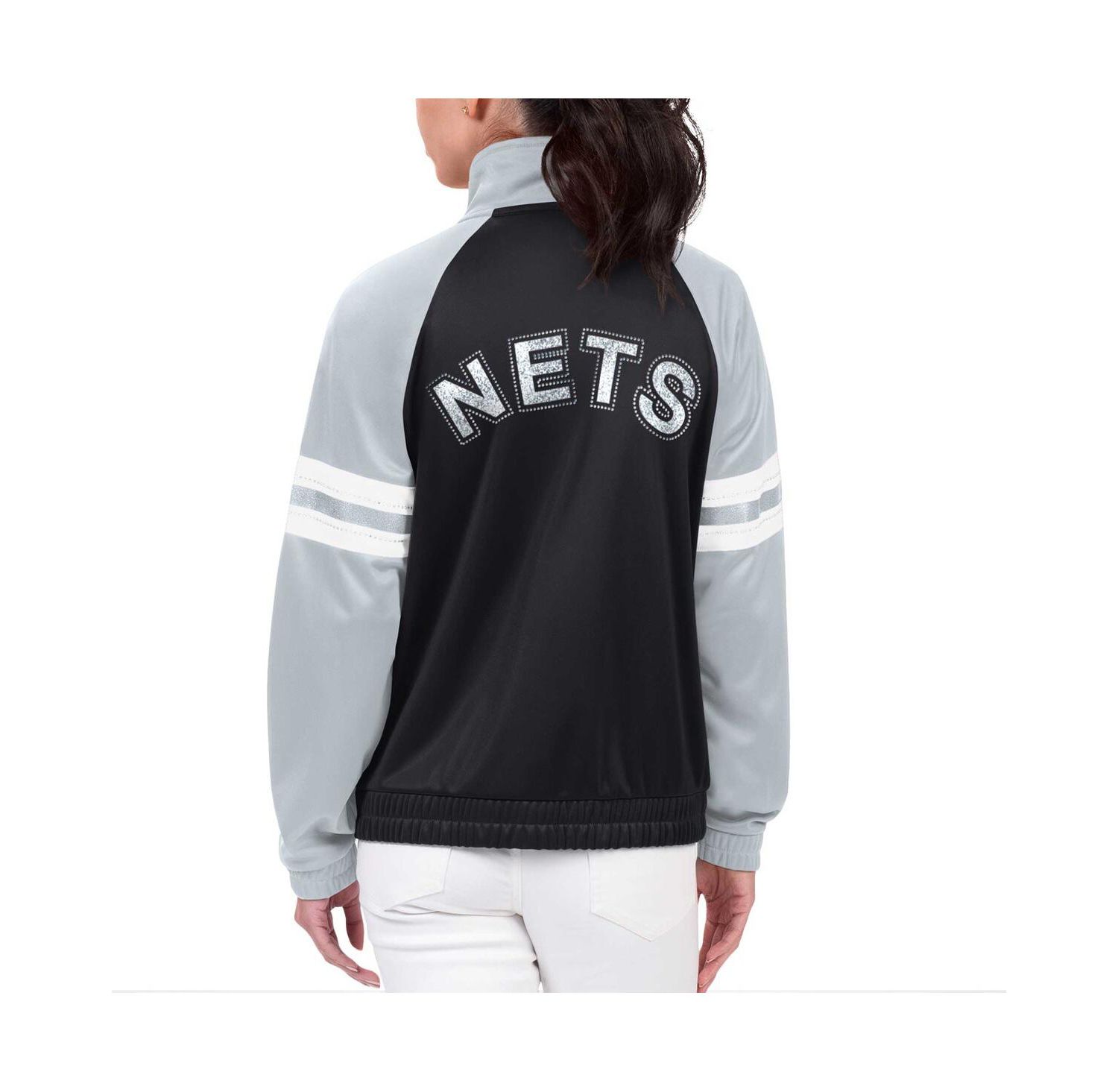 Women's Black Brooklyn Nets Main Player Raglan Rhinestone Full-Zip Track Jacket