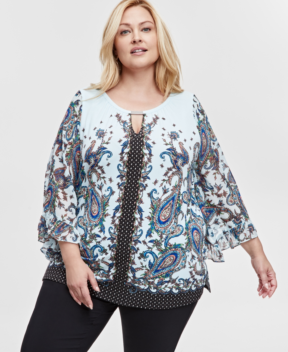 JM COLLECTION PLUS SIZE PRINTED WIDE-SLEEVE TOP, EXCLUSIVELY AT MACY'S 