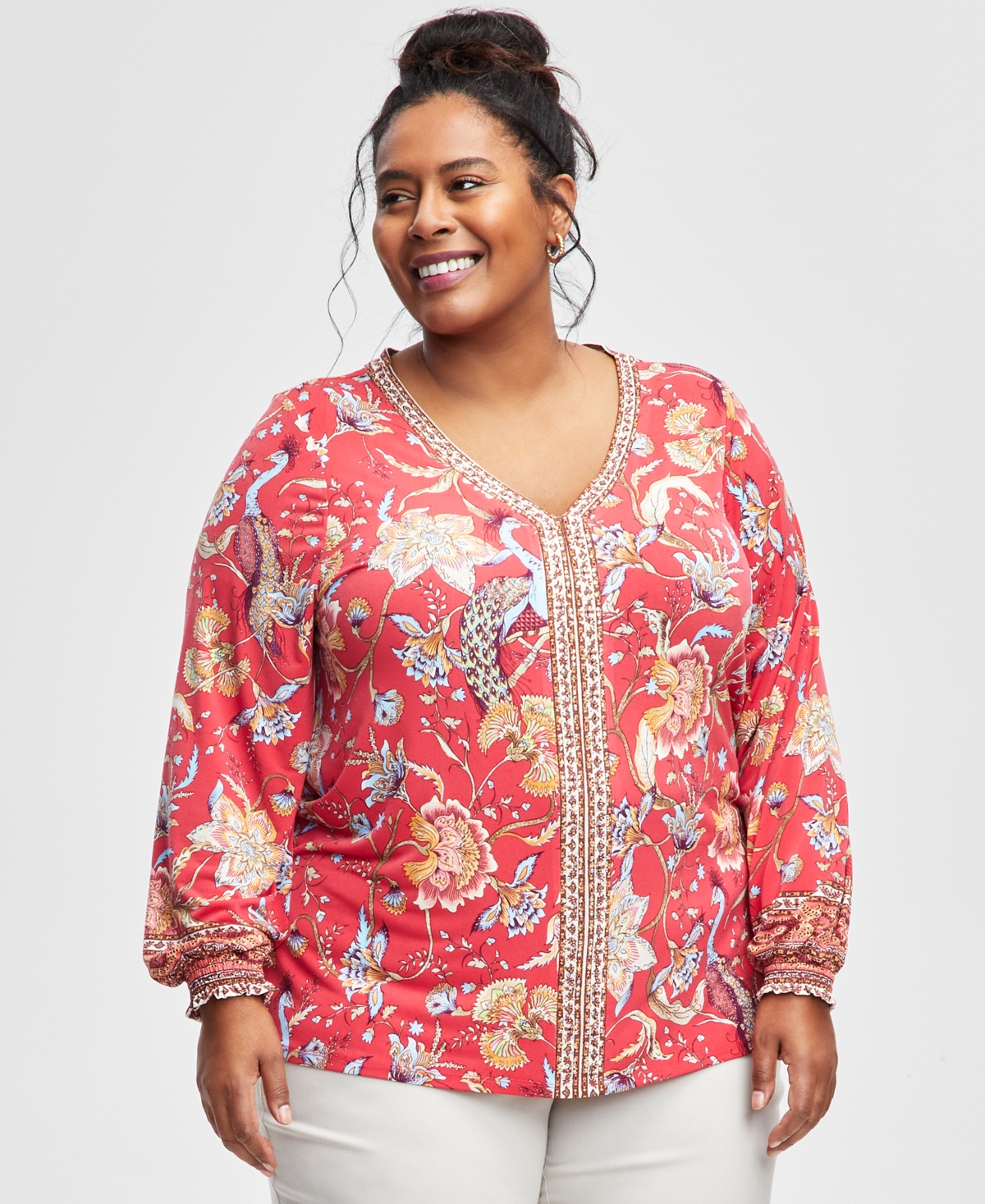 JM COLLECTION PLUS SIZE PRINTED BLOUSON-SLEEVE TOP, EXCLUSIVELY AT MACY'S 
