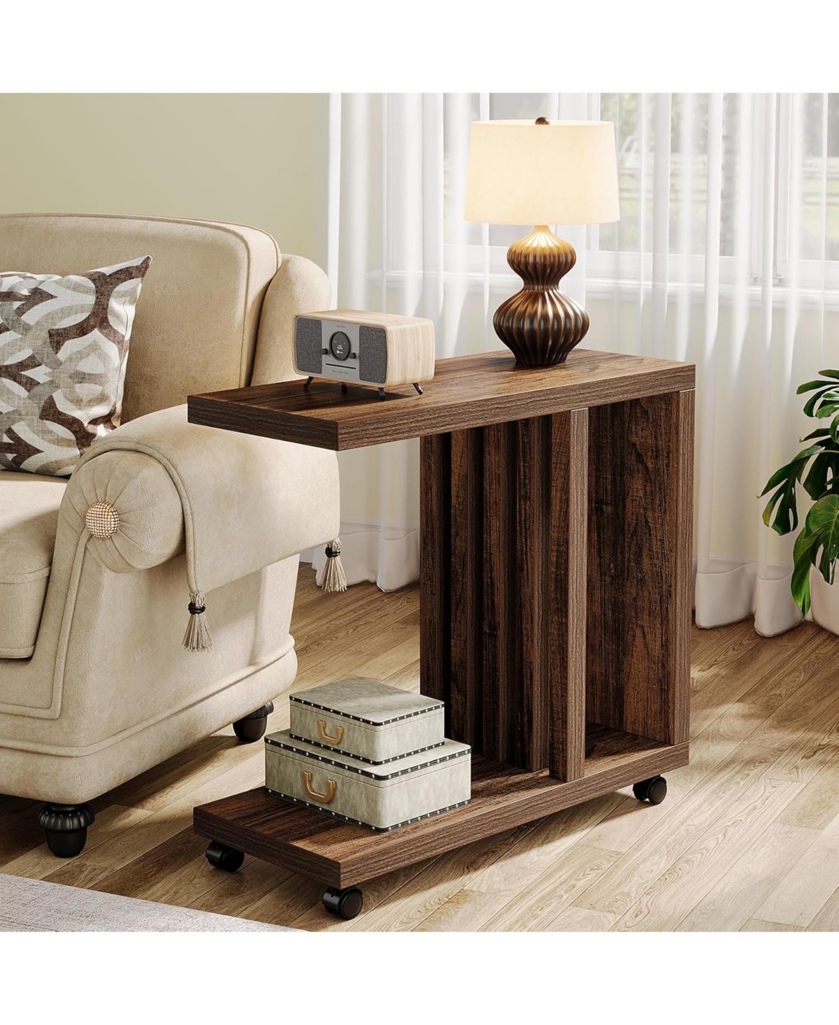 Tribesigns C-Shaped End Table, 2-Tier Side Table for Couch and Bed, Couch Table with Lockable Wheels, Wood Bedside Table for Living Room, Bedroo