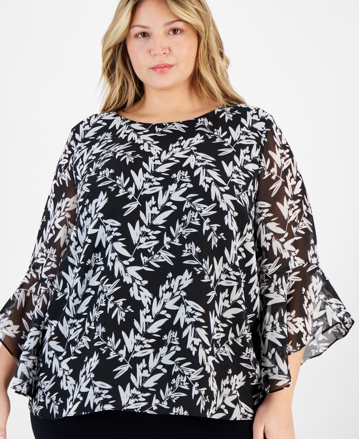 Kasper Plus Size Printed Crewneck Ruffle-Sleeve Blouse -vanilla Ice Mlt