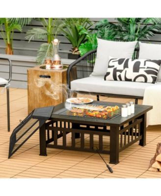 32 Inch 3 in 1 Outdoor Square Fire Pit Table with BBQ Grill and Rain Cover for Camping