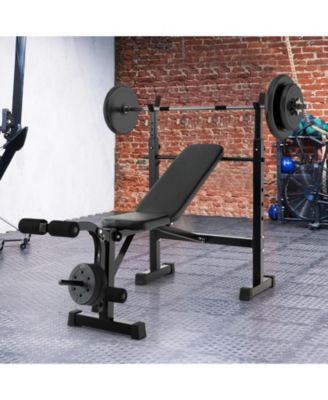Adjustable Weight Bench and Barbell Rack Set with Weight Plate Post