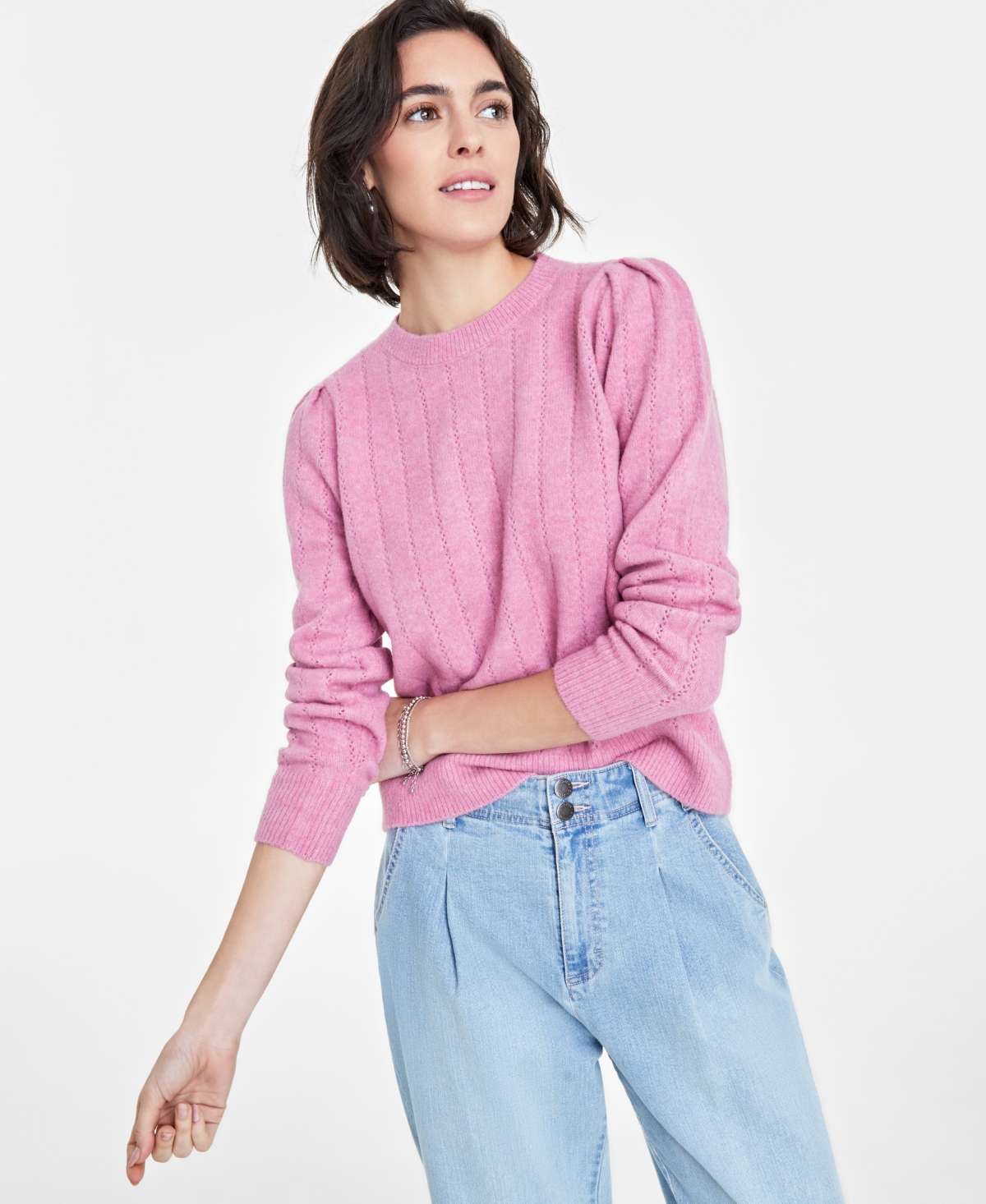 ON 34TH WOMEN'S POINTELLE CREWNECK PULLOVER SWEATER, CREATED FOR MACY'S 