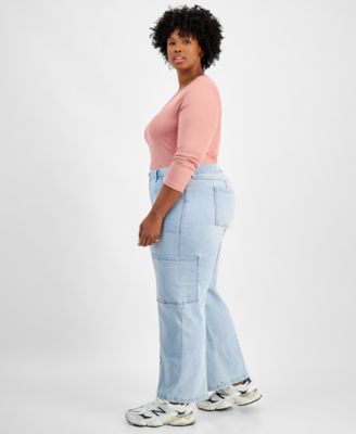 Модные розовые джинсы-карго от знаменитостей со средней посадкой и широкими штанинами