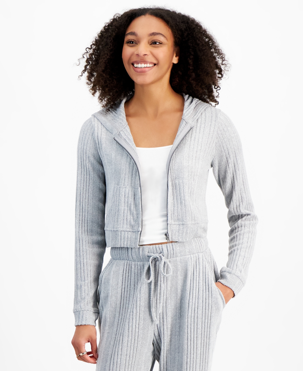 Juniors' Brushed Ribbed Full-Zip Hoodie - Irish Cream