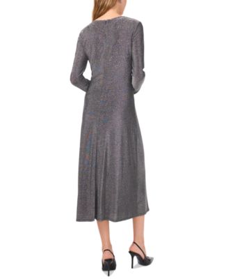 Women’s Round-Neck Long-Sleeve Metallic Midi Dress