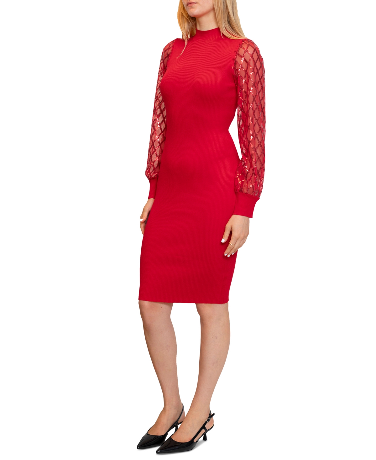 Dylan Ryan Juniors' Sequined-Sleeve Funnel-Neck Midi Dress