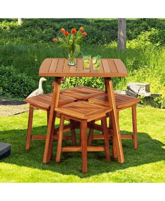 5 Pieces Wood Patio Dining Set with Square Table and 4 Stools