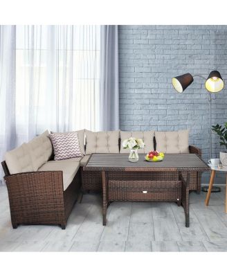 3 Pieces Hand-Woven Rattan Outdoor Sofa Set with Dining Table