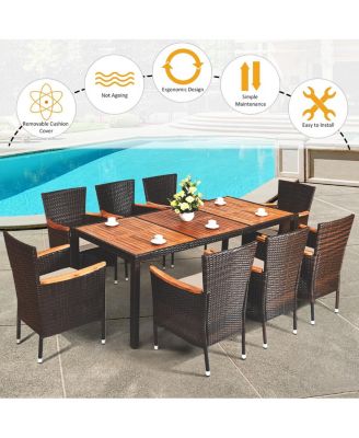 9 Pieces Rattan Dining Set with Acacia Wood Table and Stackable Cushioned Chairs