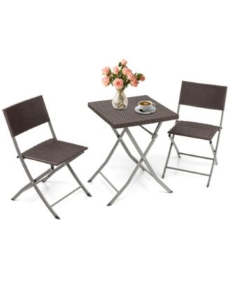 3 Pieces Patio Bistro Set with Folding Wicker Chairs and Table