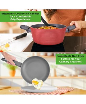 Kitchenware Pots & Pans Set - Stylish Kitchen Cookware, Non-Stick Coating Inside & Outside + Heat resistant Lacquer Outside, Dark Gray Inside and Red Outside (12-Piece Set)