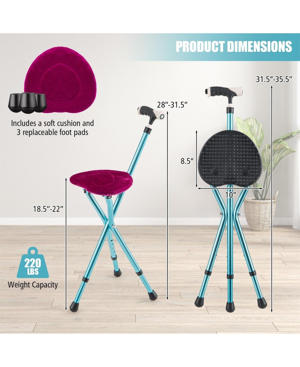 Givimo Lightweight Adjustable Folding Cane Seat with Light-Black