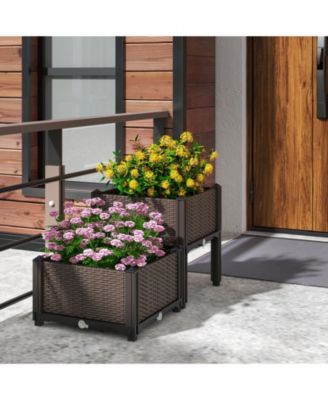 2 Set Elevated Plastic Raised Garden Bed Planter Kit for Flower Vegetable Grow-Brown